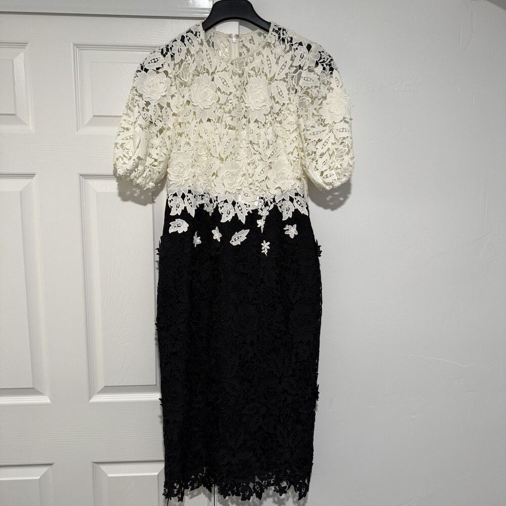 Lela Rose Two-Tone Floral Ivory Black Lace Cocktail Midi Dress Size 10